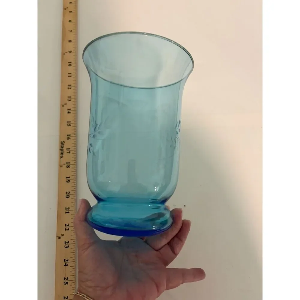 vtg aqua glass footed vase with etched floral design